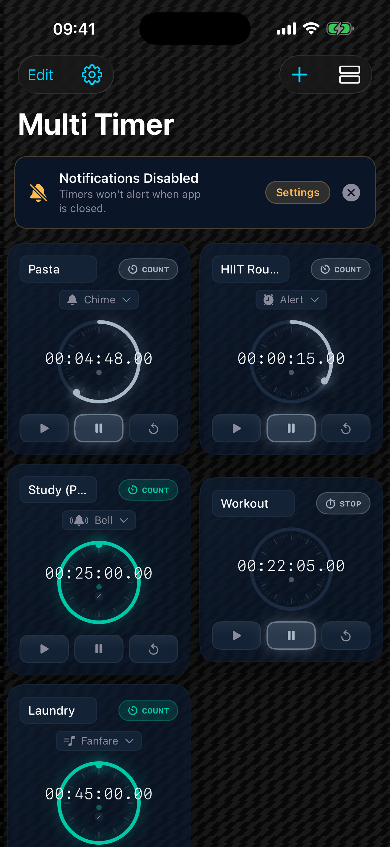 Multi Timer grid view showing several countdown and stopwatch timers running at once