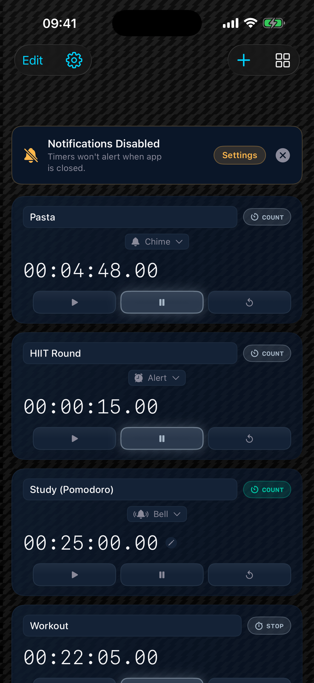 Multi Timer list view with named countdown and stopwatch timers